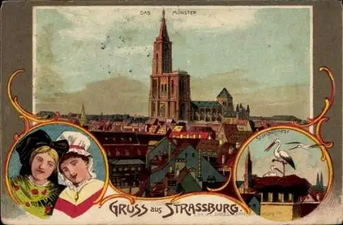 Litho Strasbourg Straßburg Elsass Bas Rhin, Münster, Storchnest, Frauen in Tracht