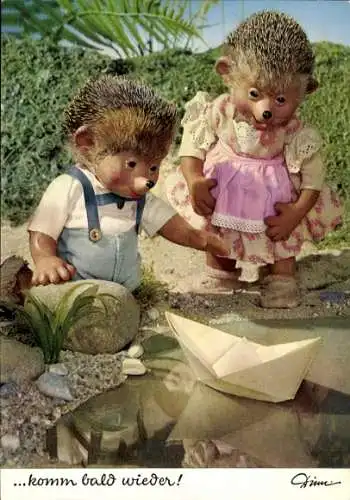 Ak Mecki der Igel, Komm bald wieder, Igelkinder, Papierboot