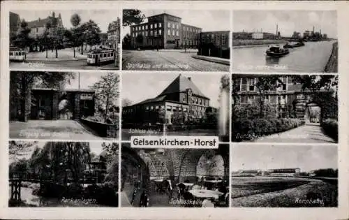 Ak Horst Gelsenkirchen im Ruhrgebiet, Essplatz, Sparkasse, Schloss, Rhein-Herne-Kanal
