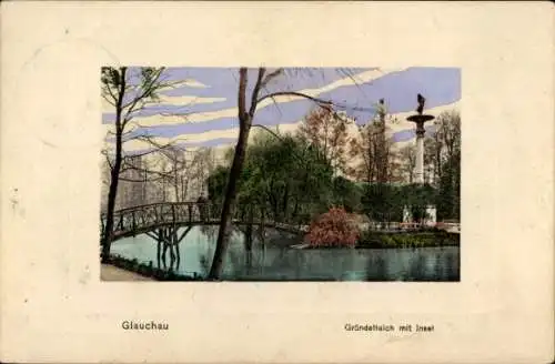 Ak Glauchau in Sachsen, Gründelteich, Insel, Brücke