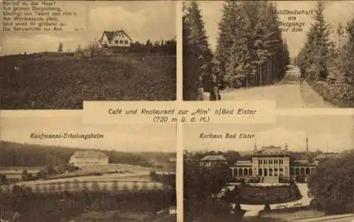 Ak Bad Elster im Vogtland, Café Restaurant zur Alm, Kurhaus, Kaufmann-Erholungsheim