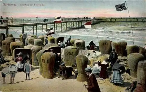 Ak Norderney in Ostfriesland, Blick vom Strand auf den Seesteg