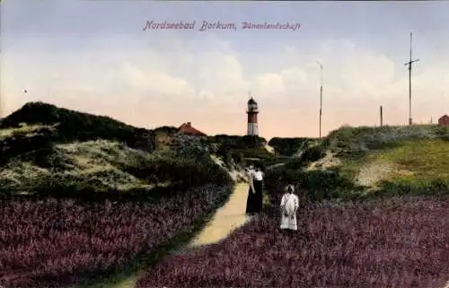 Ak Nordseebad Borkum in Ostfriesland, Dünenlandschaft, Leuchtturm