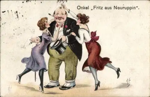 Künstler Ak Scheuermann, Willi, Onkel Fritz aus Neuruppin, Mann, 2 Frauen