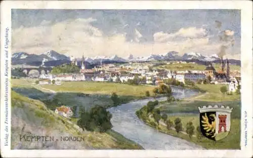 Künstler Ak Kempten im Allgäu Schwaben, Panorama von Norden, Wappen