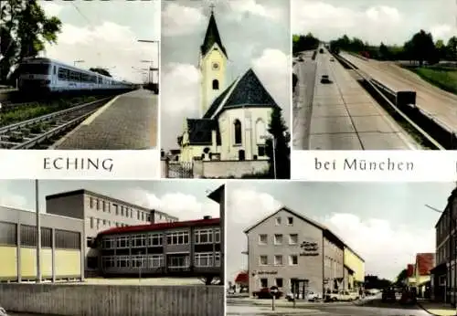 Ak Dietersheim Eching im Kreis Freising Oberbayern, Teilansichten, Zug, Kirche, Autobahn