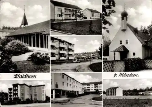 Ak Baldham Vaterstetten Oberbayern, Teilansichten, Kirche, Wohnblock