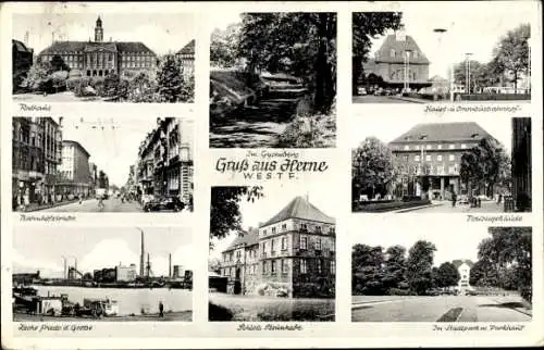 Ak Herne Ruhrgebiet, Rathaus,  Bahnhofstr., Stadtpark, Parkhaus, Polizeigebäude, Schloss Strünkede