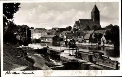Ak Rheine in Westfalen, Teilansicht, Ems, Schleuse, Kirche