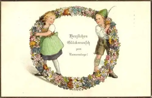 Ak Glückwunsch Namenstag, Kinder, Blumenkranz