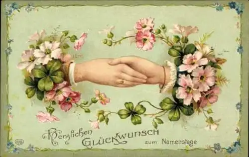 Ak Glückwunsch Namenstag, Weibliche Hand, Männliche Hand, Blumen, Glücksklee