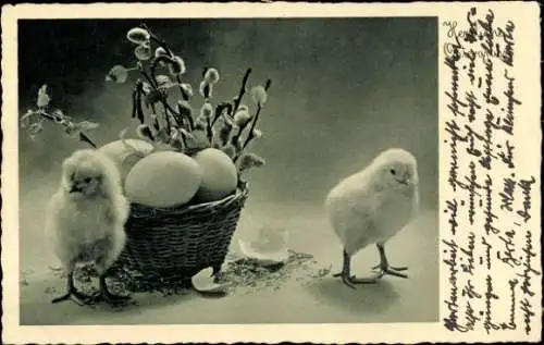 Ak Glückwunsch Ostern, Küken, Weidenkätzchen, Ostereier, Korb
