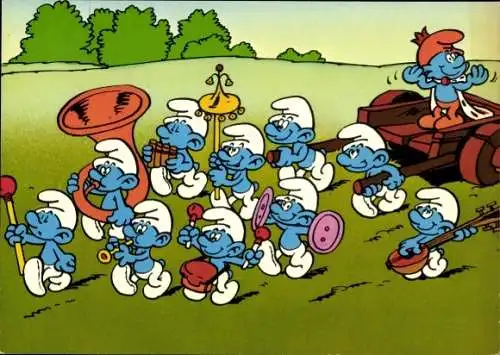 Ak Die Schlümpfe, Marschkapelle, Tuba, Panflöte