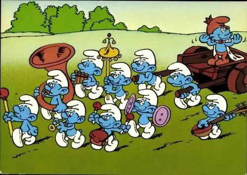 Ak Die Schlümpfe, Marschkapelle, Tuba, Panflöte