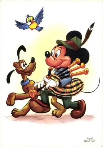 Ak Walt Disney, Micky Maus, Pluto, Dudelsack