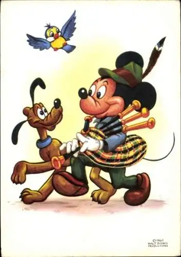 Ak Walt Disney, Micky Maus, Pluto, Dudelsack