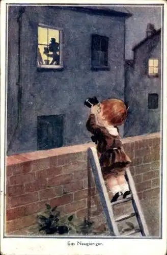Künstler Ak Ein Neugieriger, Junge mit Fernglas beobachtet Mädchen am Fenster
