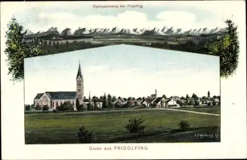 Passepartout Ak Fridolfing in Oberbayern, Gesamtansicht, Kirche, Alpenpanorama
