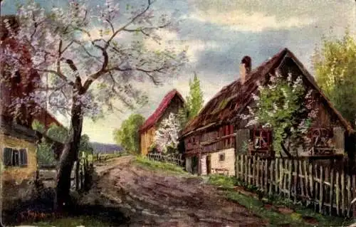 Künstler Ak Dorfidylle, Wohnhäuser, Blühender Baum, Straße
