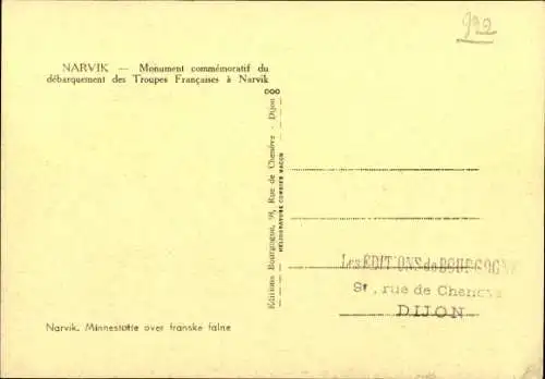 Maximum Ak Narvik Norwegen, Monument commemorativ du debarquement des Troupes Francaises