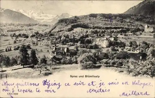 Ak Spiez am Thuner See Kanton Bern, Gesamtansicht, Blümlisalp