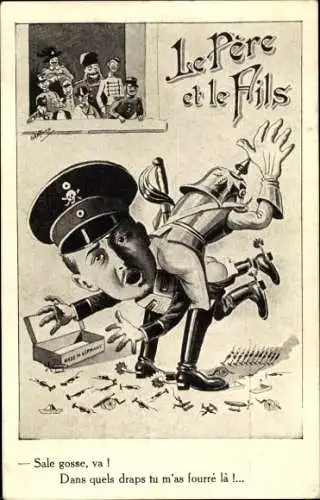 Künstler Ak Le Père et le Fils, Kaiser Wilhelm II. verprügelt den Kronprinzen,Französische Karikatur