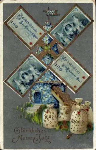 Präge Ak Glückwunsch Neujahr, Windmühle, Geldscheine, Münzen
