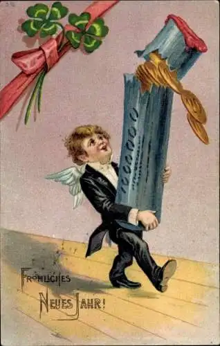 Präge Ak Glückwunsch Neujahr, Geld, Engel, Kleeblätter