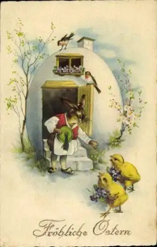 Ak Glückwunsch Ostern, Osterhase, Küken, Blumen, Schwalbe