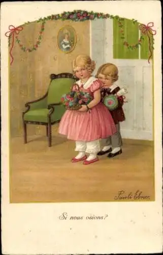 Künstler Ak Ebner, Pauli, Kinder mit Blumenstrauß