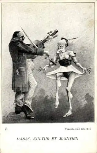 Ak Karikatur, Kaiser Franz Joseph I. tanzend im Kleid, Kaiser Wilhelm II. mit Geige