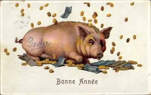 Ak Glückwunsch Neujahr, Schwein, Münzen, Geldscheine
