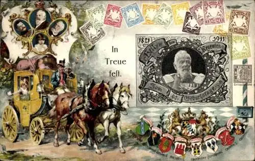 Briefmarken Ak Prinzregent Luitpold von Bayern, Postkutsche, Ludwig III.