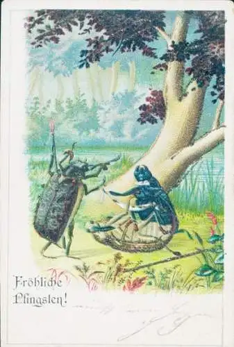Glitzer Litho Glückwunsch Pfingsten, Maikäfer, Baum