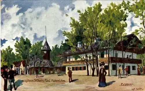 Künstler Ak Seidl, Wien, Internationale Jagdausstellung 1910, Jagdhaus Fürst Hohenlohe