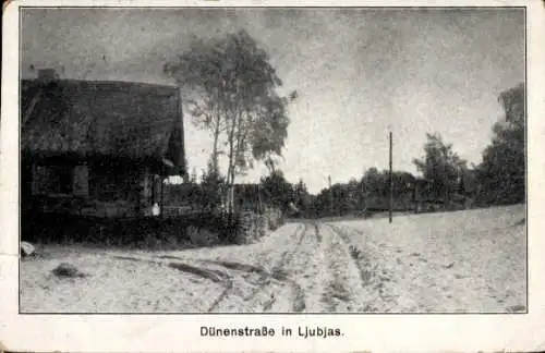 Ak Ljubjas Ukraine, Dünenstraße, Bauernhaus mit Reetdach