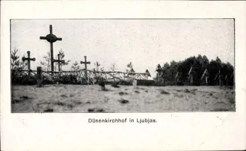 Ak Ljubjas Ukraine, Dünenkirchhof, Grabkreuze, Birkenzaun