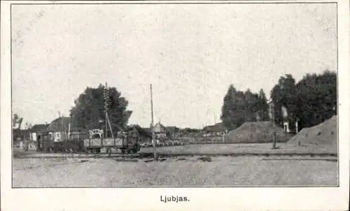 Ak Ljubjas Ukraine, Teilansicht der Ortschaft, Bahnwaggons, Zelte