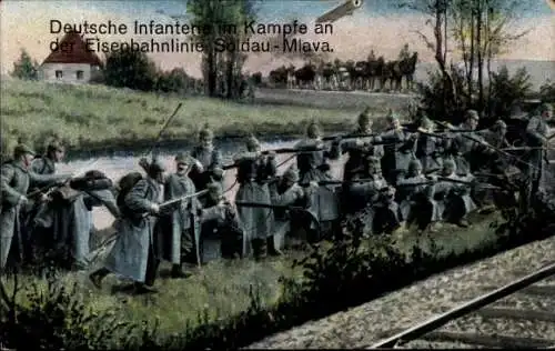 Ak Działdowo Soldau Ostpreußen, Deutsche Infanterie im Kampfe an der Eisenbahnlinie