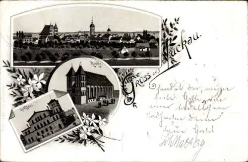 Litho Luckau in der Lausitz, Kirche, Rathaus, Stadtpanorama