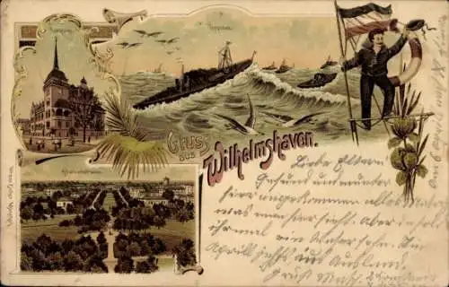 Litho Wilhelmshaven an der Nordsee, Rathaus, Kriegsschiffe, Adalbertstraße