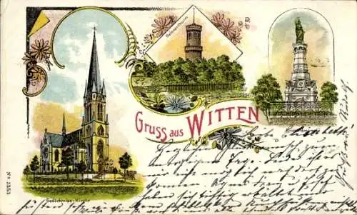 Litho Witten an der Ruhr, Gedächtniskirche, Helenenturm, Kriegerdenkmal
