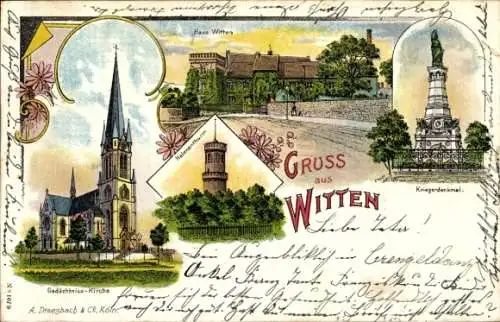 Litho Witten an der Ruhr, Gedächtniskirche, Haus Witten, Helenenturm, Kriegerdenkmal