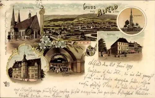 Litho Alfeld an der Leine, Kriegerdenkmal, Kirche, Rathaus, Markt, Panorama