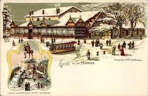 Litho Duisburg im Ruhrgebiet, Monning, Gastwirtschaft, Straßenbahn, Kaiserberg, Denkmal