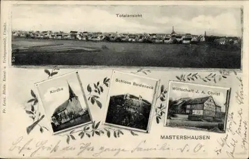 Ak Mastershausen in Rheinland Pfalz, Kirche, Schloss Baldeneck, Wirtschaft J.A. Christ
