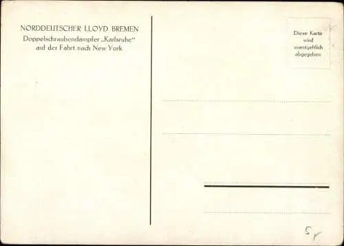 Künstler Ak Norddeutscher Lloyd Bremen, Dampfschiff Karlsruhe auf der Fahrt nach New York