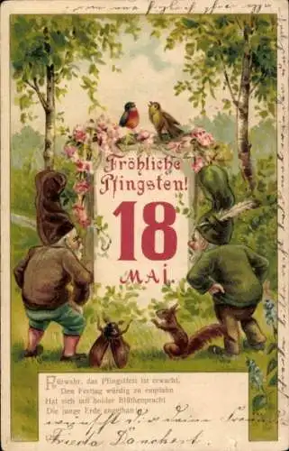 Litho Glückwunsch Pfingsten, Kalender, Zwerge, Maikäfer, Eichhörnchen, Vögel