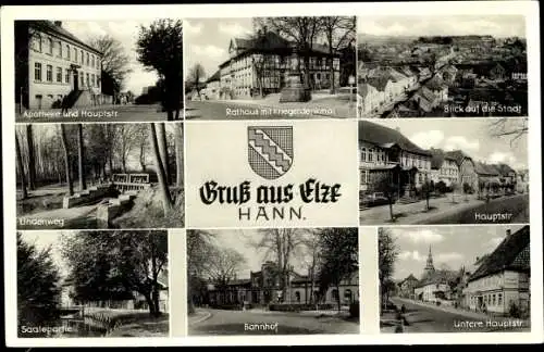 Ak Elze Kreis Hildesheim, Apotheke, Hauptstraße, Rathaus mit Kriegerdenkmal, Wappen