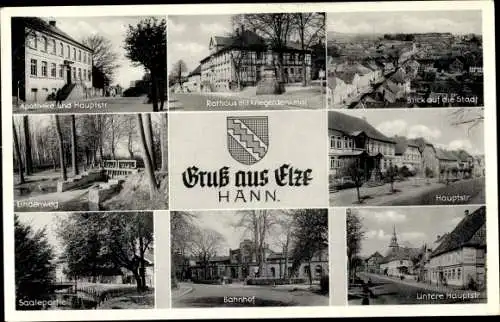 Ak Elze Kreis Hildesheim, Apotheke, Hauptstraße, Rathaus, Kriegerdenkmal, Wappen